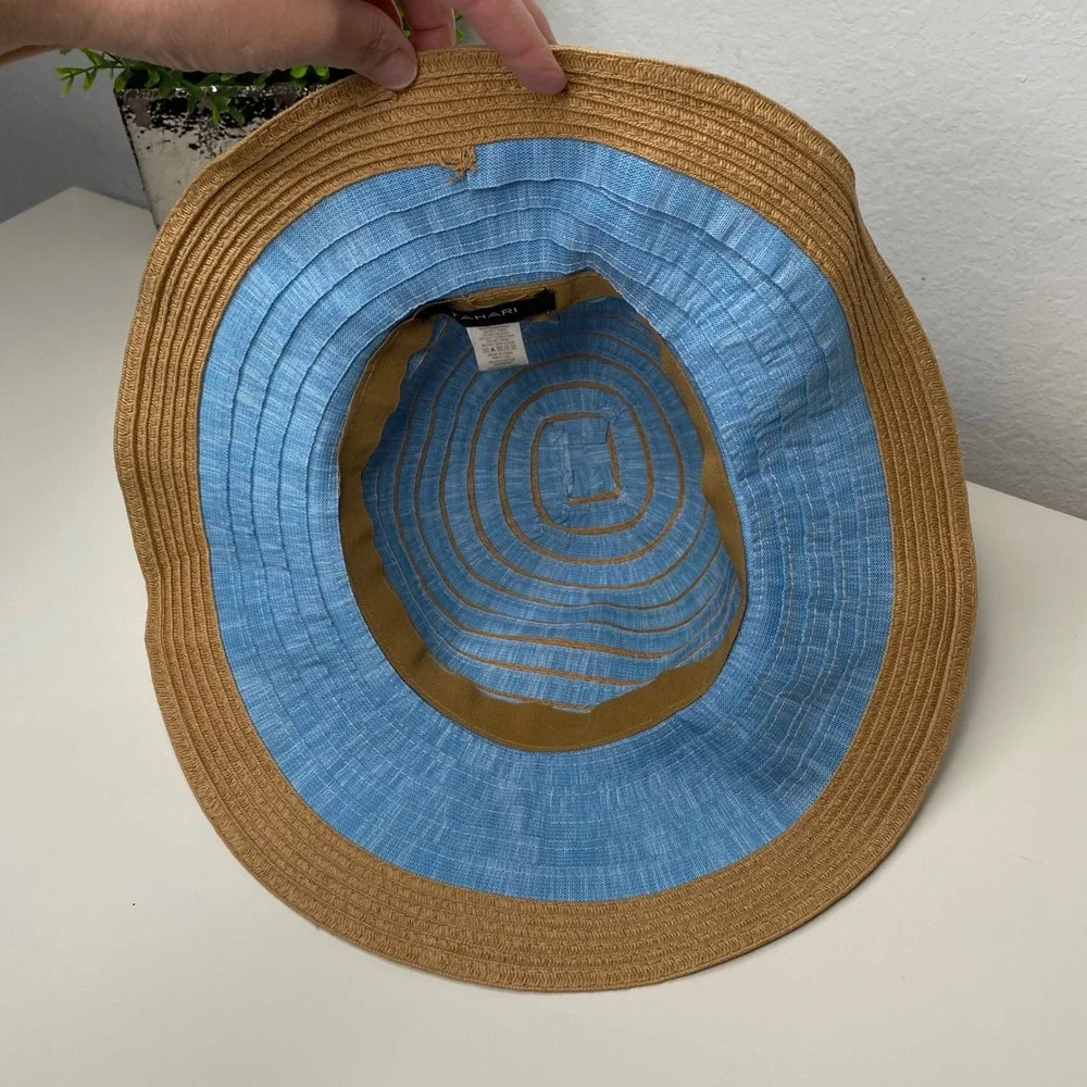 Tahari Womens Wide Brim Floppy Sun Hat Blue Tan Striped Bow‎ Detail Costal Chic